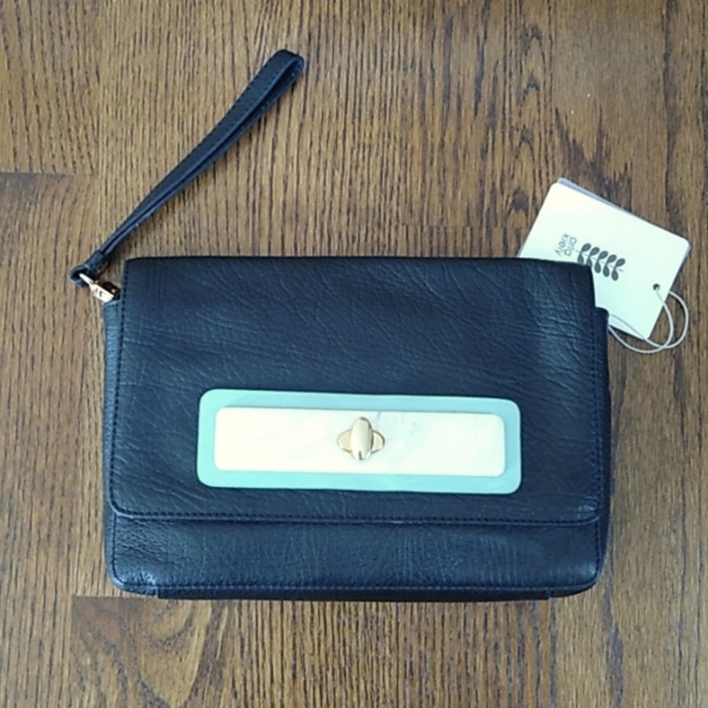 NWT Orla Kiely black leather clutch bag